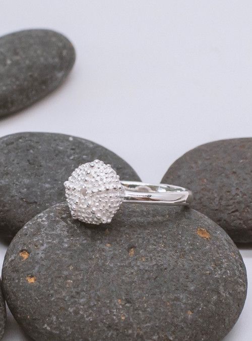 kleiner Silberring in Form eines kleinen Seeigels, der auf einem Strandstein liegt.