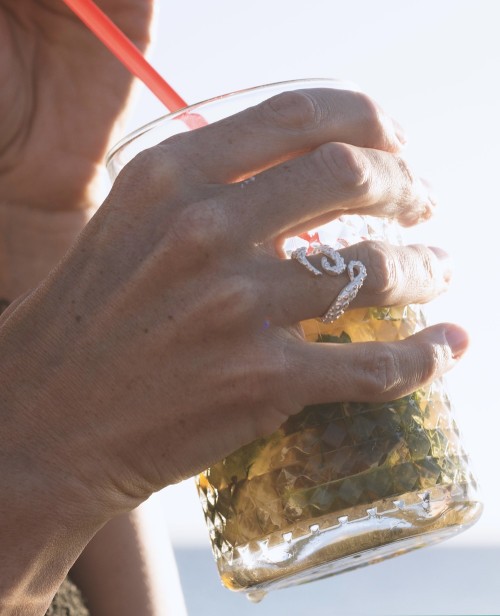 Die Hand der Frau, die den silbernen Krakenring trägt, hält ein Glas